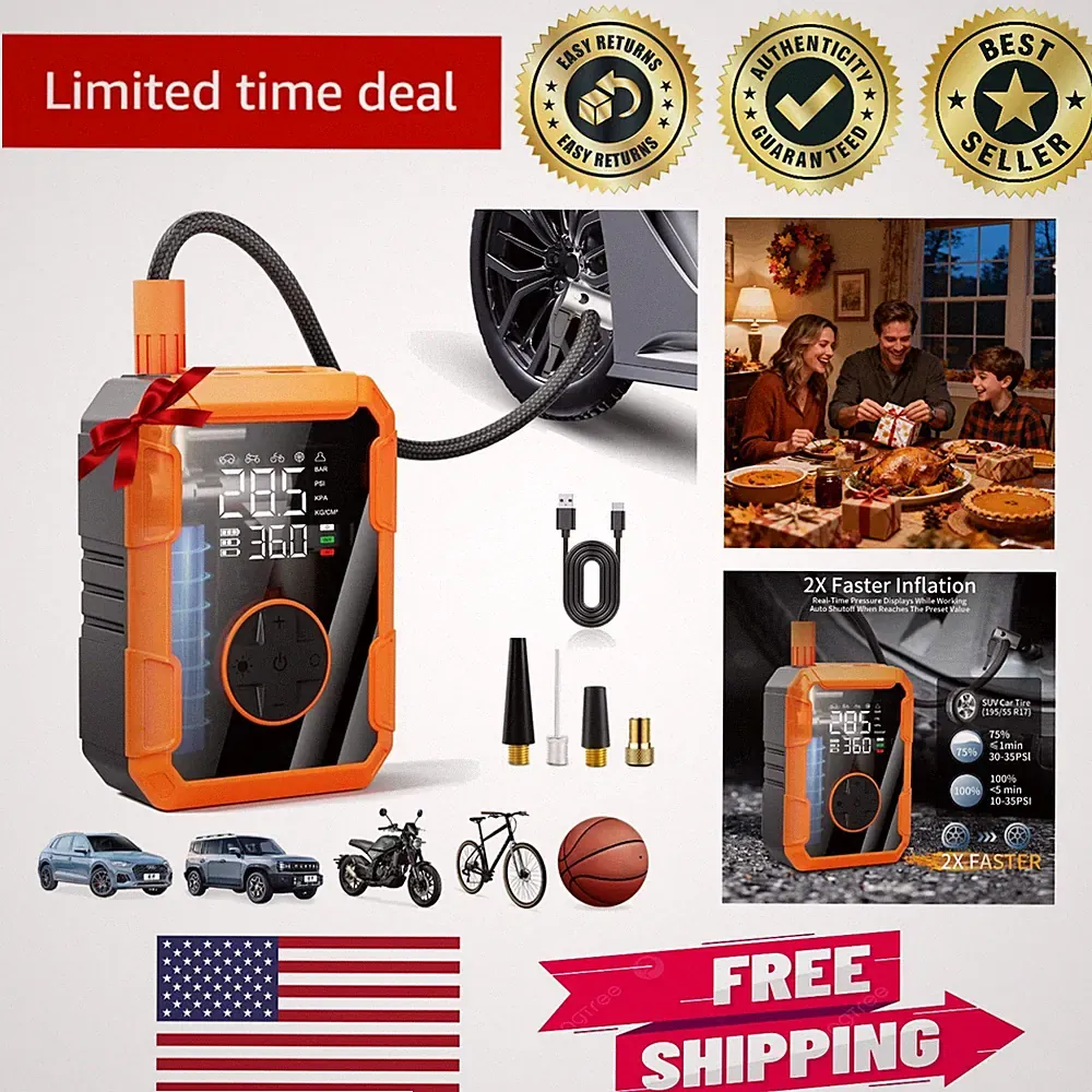 Compact Air Compressor with Built-in Gauge & USB Ports for Tire & Ball Inflation