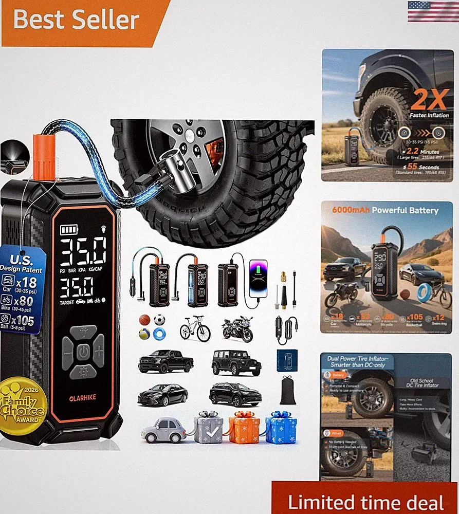 Tire Inflator Portable Air Compressor, 150PSI Dual Power - 6000mAh & 12V DC,...